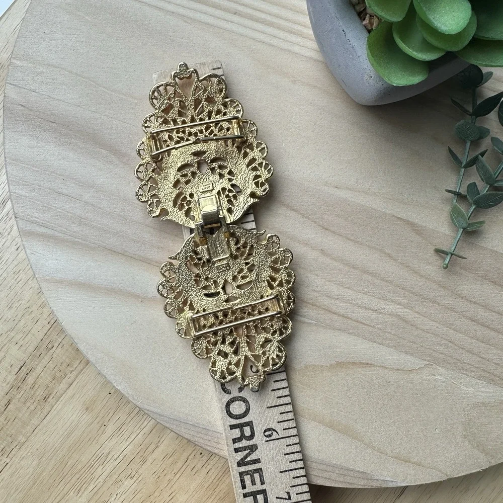 VTG Dotty Smith Belt Buckle 5 Inch Ornate Gold Plated Open Interlocking 2 Piece‎
